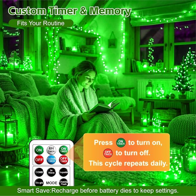 6 Pack Rechargeable Fairy Lights,7ft 20LEDs, Remote & DIY Timer | Dimmable Silver Wire, Mini Twinkle Lights, For Mason Jar, Indoor Christmas Bedroom Wedding Decor, Green