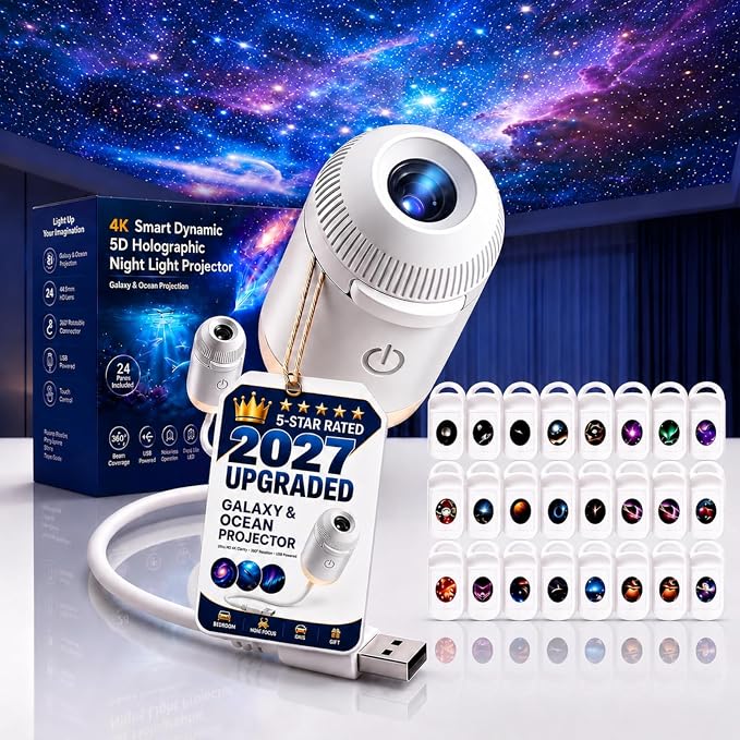 Hd Smart Dynamic 5d Holographic Night Light Projector, 2027 Upgraded Plug and Play Hd Star Projector, 360° Adjustable Hd Galaxy and Ocean Projector for Bedroom Ceiling (24 Projection Films)