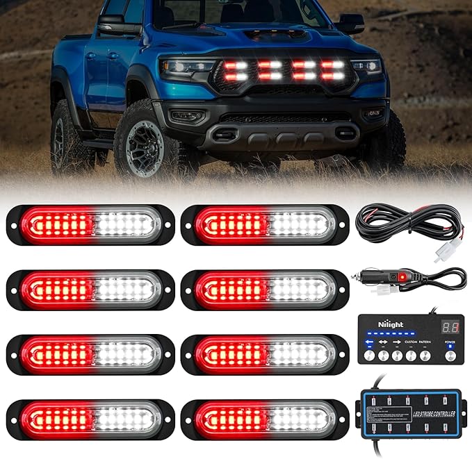 Nilight 8PCS Led Strobe Lights with Controller 12V 24V Sync Feature Red White Strobe Light 12 LED Surface Mount Emergency Hazard Warning Lights with Strobe Controller for Vehicle Car Truck RV ATV