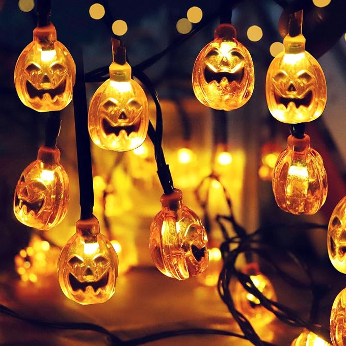 Hann® Solar LED String Lights, 30LED Crystal Ball | Lanterns | Moroccan Orb Ball | Cute Ghost Pumpkin Waterproof Outdoor Decorative String Lights for Christmas Garden Halloween (Pumpkin)