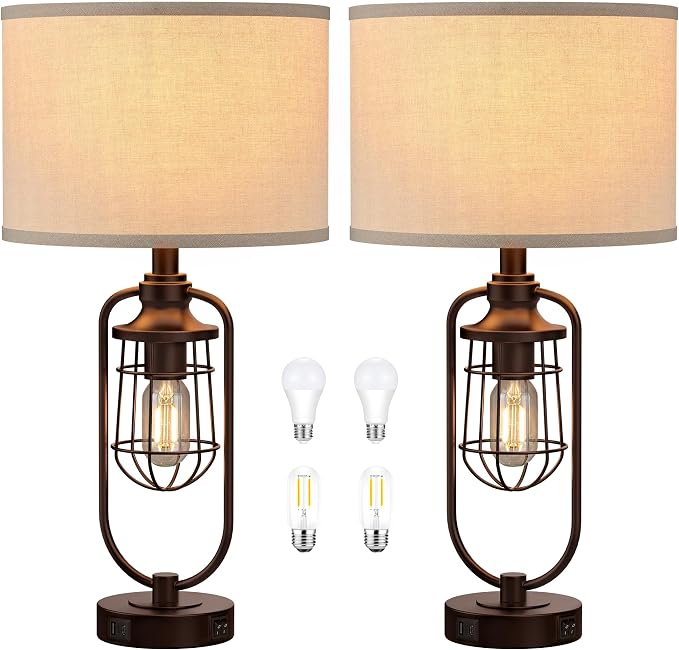 Table Lamps for Living Room Set of 2, Farmhouse Lamps for Night Stands, Industrial Bedside Lamps for Bedroom Nightstand with USB A+C, Bulbs Included