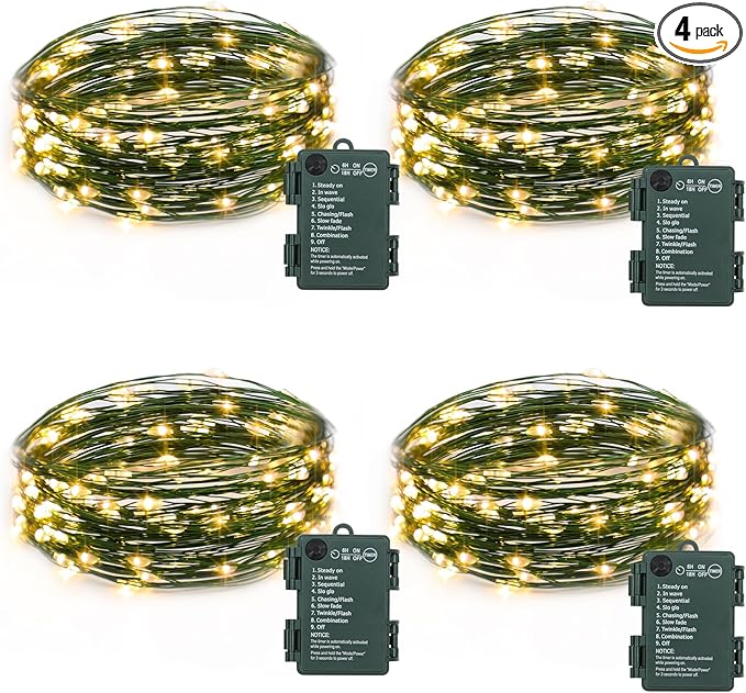 4 Pack Fairy Lights Battery Operated, 16.4 Ft 50 LED Starry Fairy Lights with Auto Timer Dark Green Copper Wire Twinkle Lights for Wedding Bedroom Christmas Decor (Warm White)
