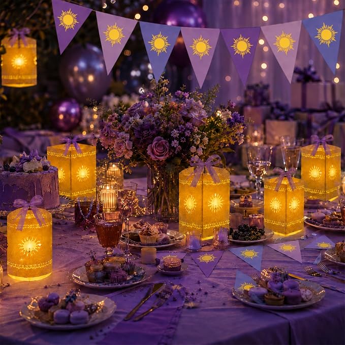 30 Pack Purple Princess Sun Hanging Paper Lanterns DIY Set 2 Pcs Purple Sun Flag Hanging Banner Square Round Cutout Decor for Birthday Wedding Party Decor (Light String Not Included)
