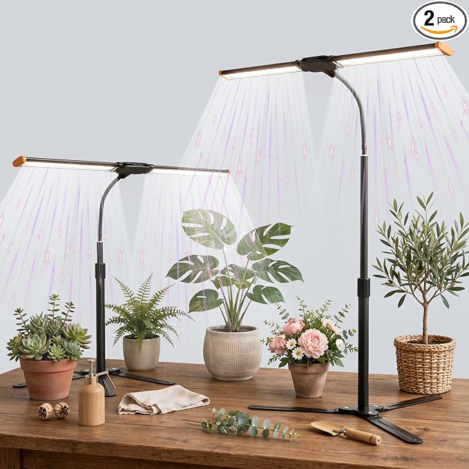 2-Pack Grow Light for Indoor Plants Growing,6000K LED Lamp for Desk Plants | Desk Light with Red Blue LED for Pot Succulents Seeds, Light Strip Foldable & Height Extendable 9-25'', Auto Timer 4 8 12Hrs