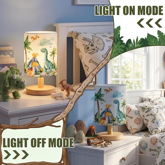 Roaring Dinosaur Kids Table Lamp for Bedroom Kids Bedside Lamp with Linen Wooden Nightstand Cartoon Nursery Lampshade for Girls Boys Living Room