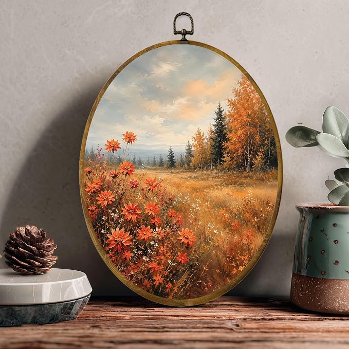 Fall Floral Oval Wall Art, Framed Canvas Decor, 8.5x11.5 Inch | Orange wildflowers, golden meadow, birch trees and rustic autumn landscape decor