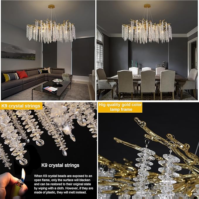 Tree Branches Chandeliers Luxury Round Raindrop Crystal Pendant Light 15 Lights Tassel Ceiling Hanging Light for Dining Room Bedroom Living Room Entryway 39.5" Gold
