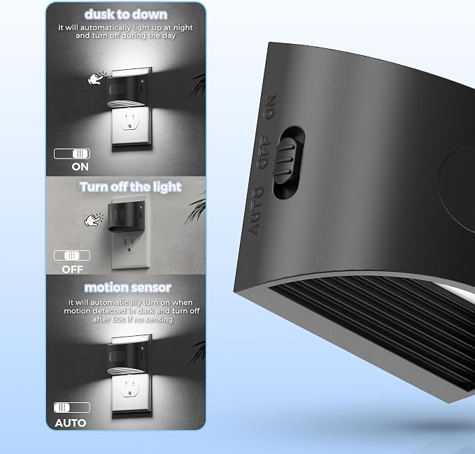 L LOHAS LED Motion Sensor Night Light, Night Lights Plug into Wall, 2 Pack | Nightlight with Dusk to Dawn & Motion Detection Sensor, 30-100Lm Adjustable Brightness, 5000K Daylight, Black Housing