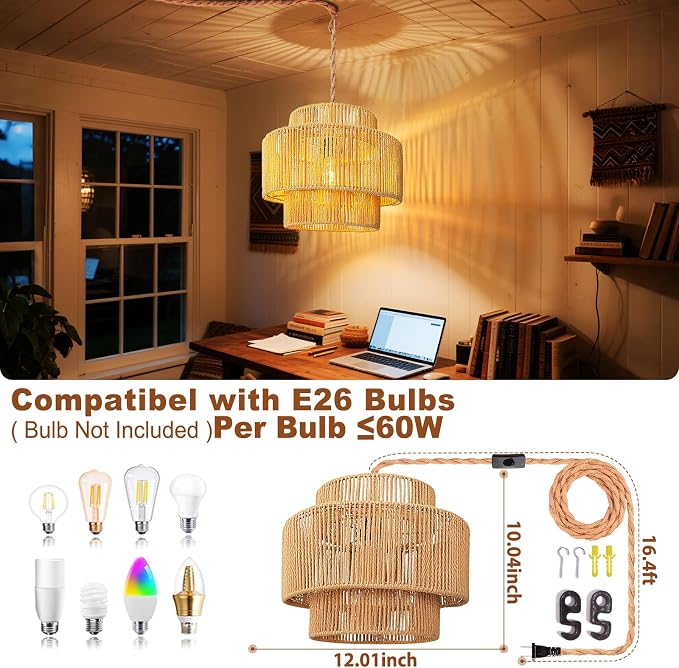 Maliralt Hanging Lamps Rattan Pendant Light - 16.4ft Plug in Cord Hanging Light Fixture Plug Into Wall Outlet Pendant Lighting with On Off Switch for Bedroom Living (Lantern Shade)