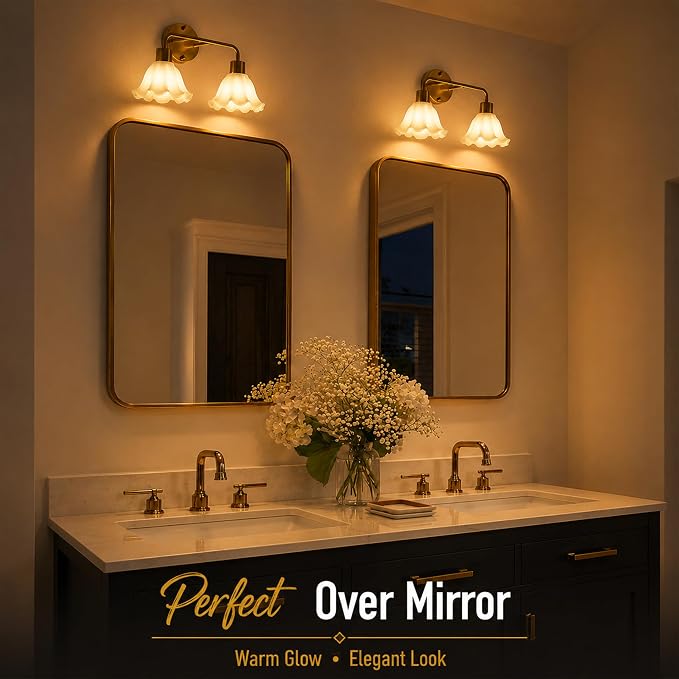 2 Light Gold Brass Bathroom Light Fixture,Brush Gold Vanity Lighting Over Mirror,Cute White Glass Flower Lampshade,Wall Sconces,E26 Socket(Bulbs Not Included)