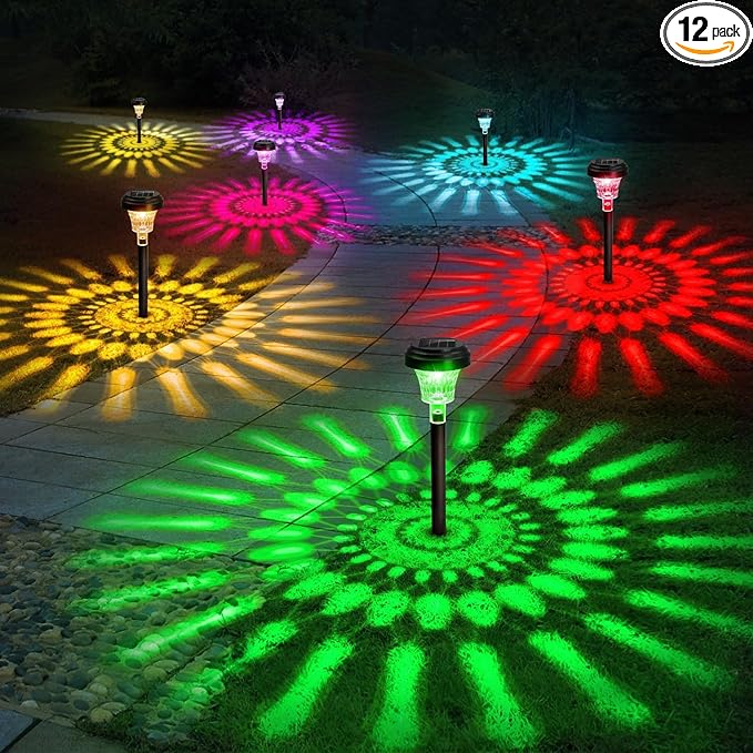 ROOR Solar Pathway Lights 12 Pack, Outdoor Solar Yard Lights, RGB Color Changing+Warm White, IP67 Waterproof for Garden Path Backyard Christmas Lawn Landscape Decorative