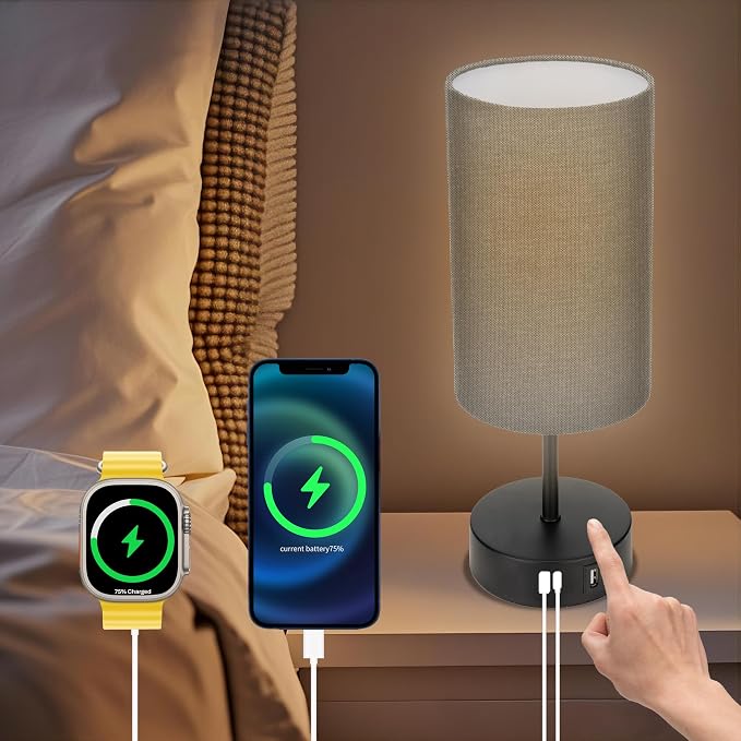 Bedside Table Lamp for Bedroom - 3 Way Dimmable Touch Lamp USB C Charging Ports and AC Outlet, Black Base Round Flaxen Fabric Shade for Living Room, Desk, LED Bulb Included(Black)