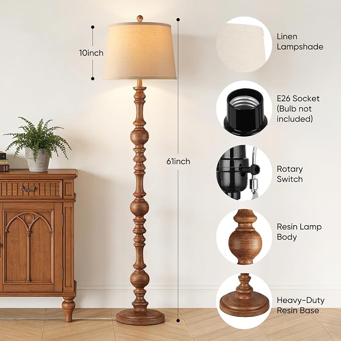 QiMH 61" Vintage Floor Lamp for Living Room, Farmhouse Lamps, Wood Grain | Rustic Floor Lamps for Bedroom, Linen Lampshade, Rotary Switch, Sturdy Base, Home Decor