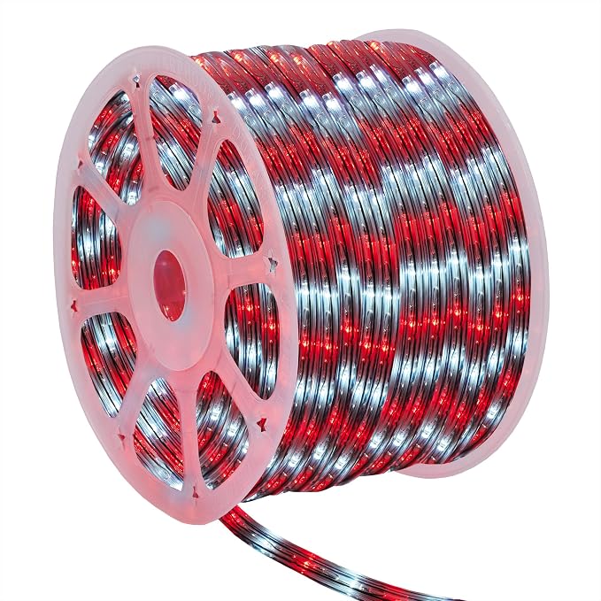 Wintergreen Lighting 150' Red and Cool White LED Rope Light, Christmas Outdoor Light Décor Rope Lighting - 120V, ½ Inch, 2-Wire - Rope Light Clips and Power Cord Included