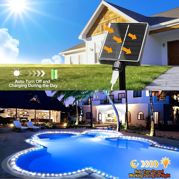 KNONEW Solar Rope Lights Outdoor 300LED 50FT Solar String Lights Outside Waterproof with Modes Clear Thin Tube for Pool Tree Patio Garden Fence Camping Yard Deck Trampoline（Cool White）