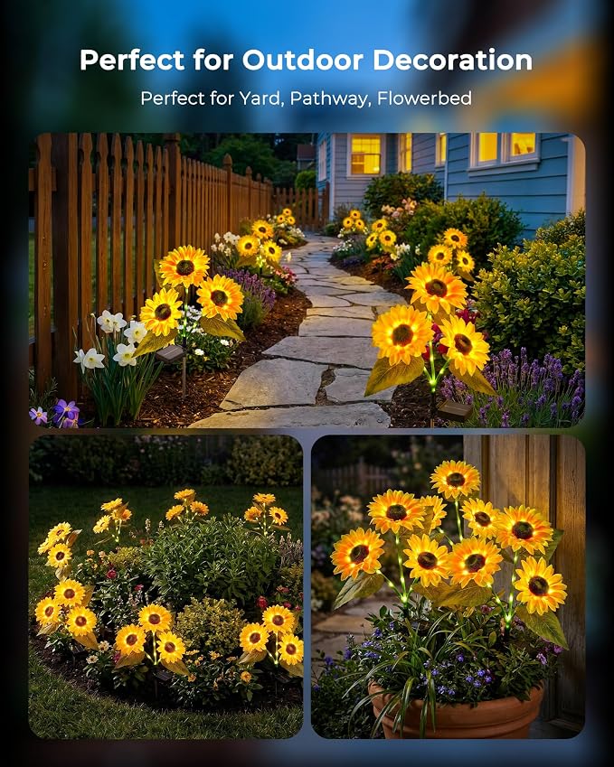 Brightown 3 Pack 3 Head Solar Sunflower Garden Stake Lights Waterproof | 9 glowing stem sunflowers, waterproof solar powered, auto on off decorative stakes for yard, patio, lawn outdoor decoration