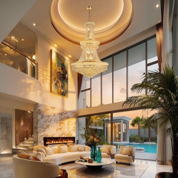 32" W 27 Light Luxury Foyer Chandeliers, Unique Empire K9 Crystal Chandelier for High Ceiling Foyer Entryway Living Room (Gold)