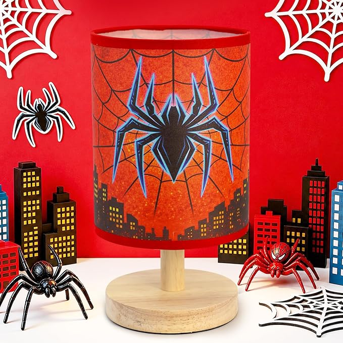 Spider Table Lamp for Boys - Spider Night Light & Bedroom Bedside Lamp with Linen Lampshade and Wooden Stand, Cartoon Nursery Lamp for Desk, Home Decor