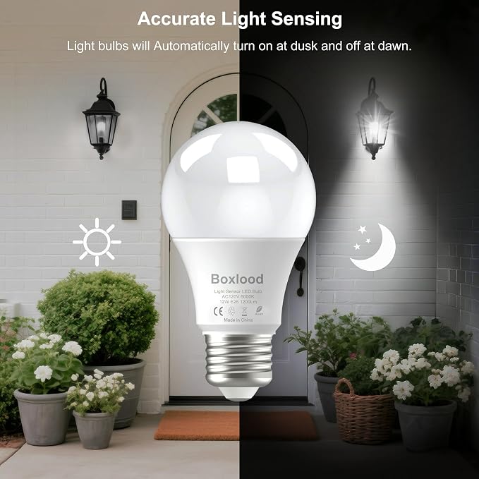 Boxlood Dusk to Dawn LED Outdoor Light Bulb, 12W Supper Bright A19 Dusk to Dawn Light Bulbs, Auto on/Off Photocell Automatic for Indoor Outdoor, 6000K, 6 Pack