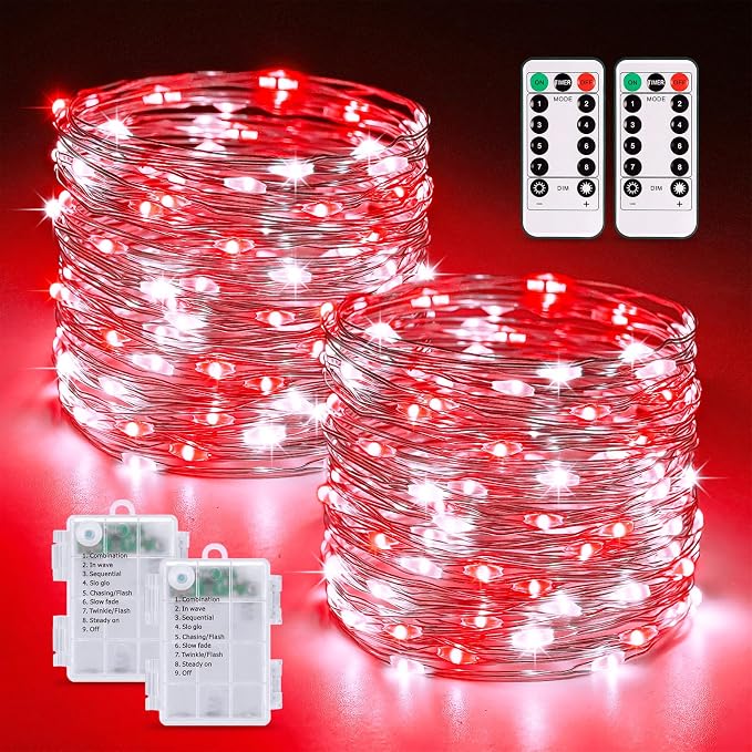 JMEXSUSS 2 Pack Fairy Lights Battery Operated, Red & White Christmas Lights | Total 200LED 66ft, Remote Control, Waterproof 8 Modes, Twinkle Lights for Bedroom Wreath Mantel Christmas Tree Decor