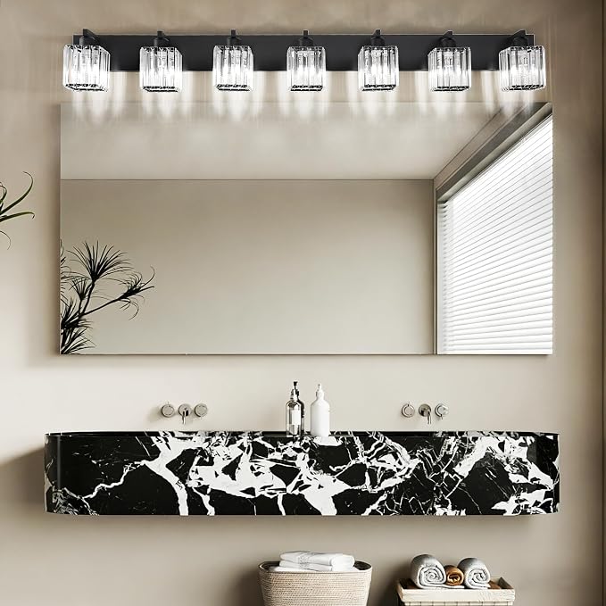 Aipsun Black Vanity Light Crystal Bathroom Lighting Fixtures Modern Bathroom Vanity Light 7 Light (Exclude Bulb)