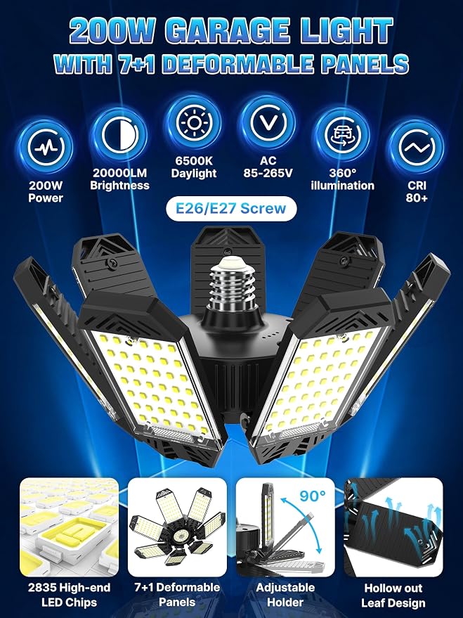 Garage Light 200W, Super Bright 20000LM Garage Lights Ceiling Led with 7 Adjustable Panels 6500K Shop Led Screw in E26/E27 Bulb Socket for Workshop Basement Barn Attic Bay Lighting