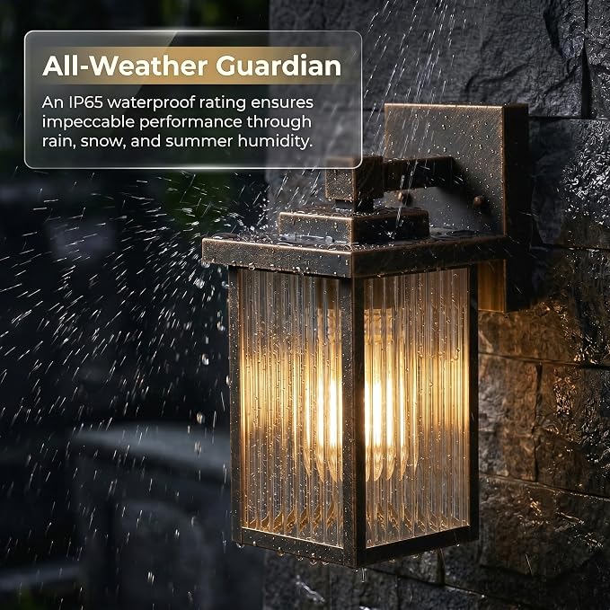 Black Brush Gold Porch Light, Waterproof Outdoor Wall Light | Corrosion-Resistant Metal, Waterproof, Textured Glass Cuts Glare, Easy DIY Install on Porch, Garage