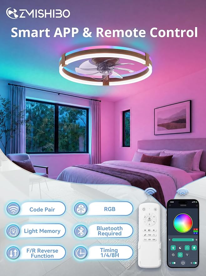 ZMISHIBO 20" RGB Low Profile Ceiling Fans with Lights and Remote, Walnut | Custom RGB+3CCT Dimmable, 6 Speeds, Remote/App Control, Reversible DC Motor, Memory, Timer, Modern Fandelier for Kids/Bedroom