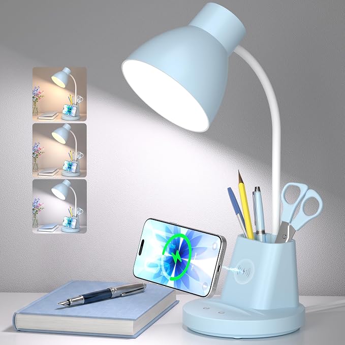 10W Wireless Charging LED Desk Lamp with Pen Holder, CRI 95, Blue | 800LM, 3 Modes, 360°Flexible Arm, Touch, Brightness, Table Lamp for Home Office, Dorm, Bedside, Study, Reading, with Adapter