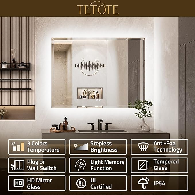 TETOTE 42 x 36 LED Mirror Backlit, Beveled Bathroom Mirror with Backlight, Tempered Glass, 3 Colors Lights, Defogger, Adjustable Brightness, Memory Function, Lighted Mirrors for Bathroom Wall
