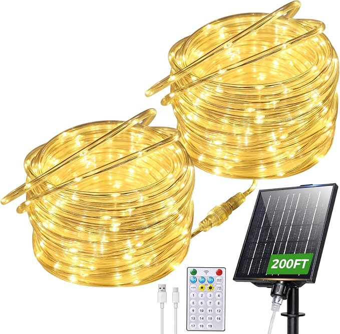Connectable 200FT 1200LED Solar Rope Lights Outdoor Waterproof | 1.97'' LED Spacing More Brighter, USB & Solar Powered Fairy Lights for Outside Yard Tree Pool Christmas Decor, Warm White