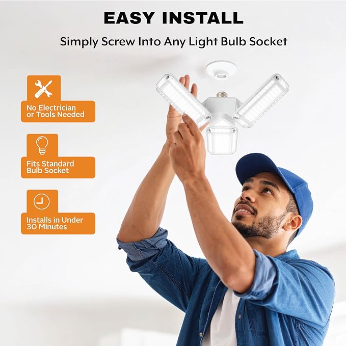 Bell+Howell HighBurst Ultra LED Garage Light Bulb – 8,000 Lumens, Super Bright Screw-in Ceiling Light - Adjustable Multi-Panel Design, for Garage, Shop, Basement, Attic – As Seen on TV