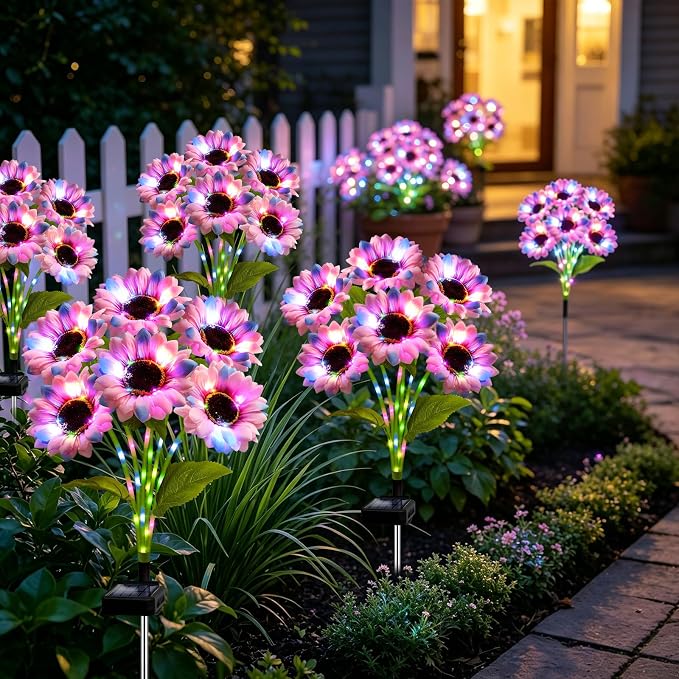 Solar Garden Lights Outdoor, 4 Pack Solar Multicolor Sunflower Lights with 18 Head 3.5 Inch Flowers, Waterproof Flowers Light Fall Decor Auto ON/Off for Garden Yard Patio, Gifts for Mom Women
