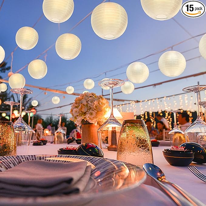 KNONEW 15 Pack White Silk Outdoor Lanterns Decorative Party 8'' 10'' 12'' Hanging Chinese Japanese Waterprooof Round Lantern for Weddings, Birthdays, Decoration (No Light Bulbs Included)