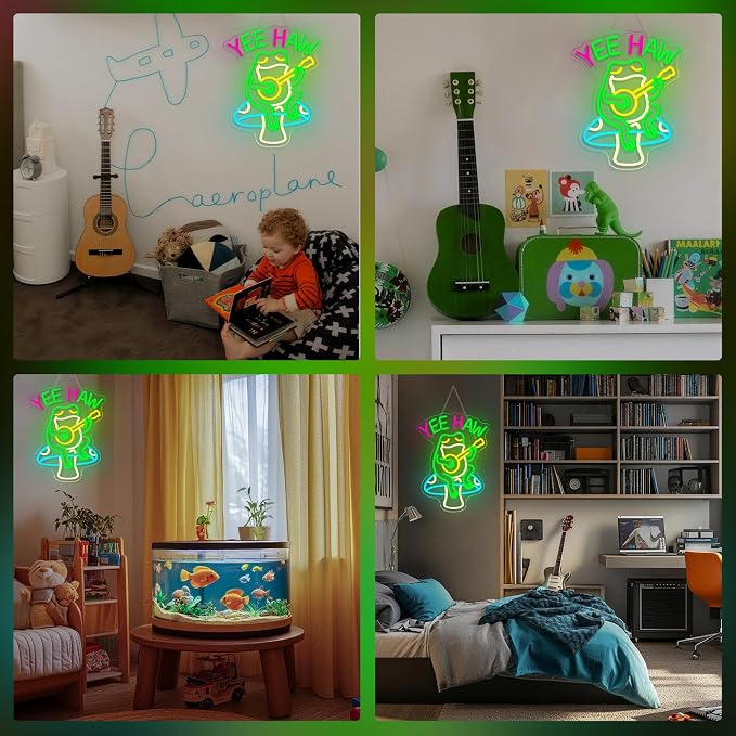 Yee Haw Frog Neon Sign Cowboy LED Light Bar Decor Man Cave | Dimmable Funny Frog Guitar Light Up Sign for Pubs, Game Rooms, Music Rooms & Cowboy Fans, LED Wall Decor, Easy Mount, USB