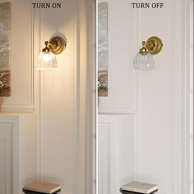 Battery Operated Wall Sconce, Vintage Wall Light, 2 Pack, Clear Tulip Glass | Gold Metal Base, 5200mAh Rechargeable, Dimmable LED, Remote Control, Cordless, Bedside, Bedroom, Doorway, Living Room