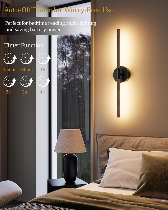32" Battery Operated Wall Sconce Set of 2, 350° Rotating Lamp, Walnut Black | Wireless, 8000mAh Rechargeable Battery, Stepless Dimming, 3000K-6000K, Remote & Touch Control, Timer, Living Room, Bedroom