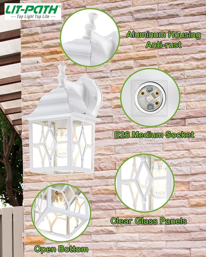 Outdoor Wall Light Fixture, Rustproof Aluminum, Glass | Large Exterior Porch Light Wall Sconce Lantern for House, Patio, Garage, Waterproof, E26 Socket 60W Max, White
