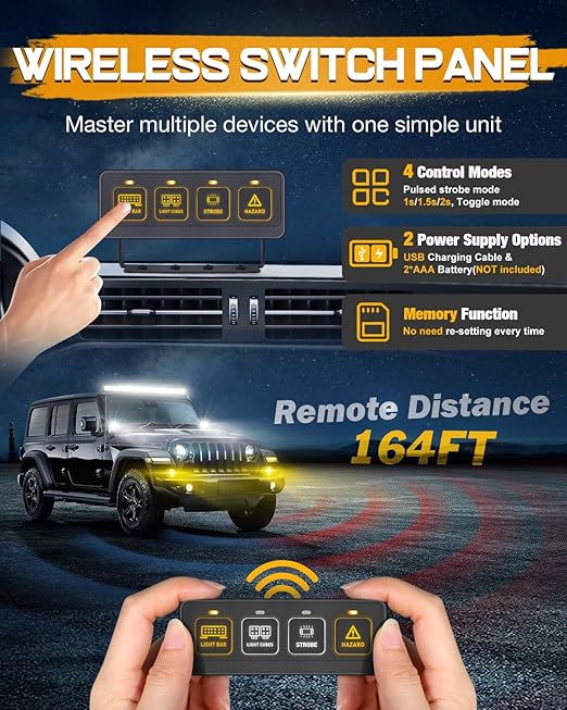Wireless 4 Gang Switch Panel, Niking Auto Multifunction Offroad LED Switch Pods with Toggle Pulse Auxiliary Universal Circuit Control 12V Relay System Control Box for Trucks SUV UTV Car Boat RV Marine