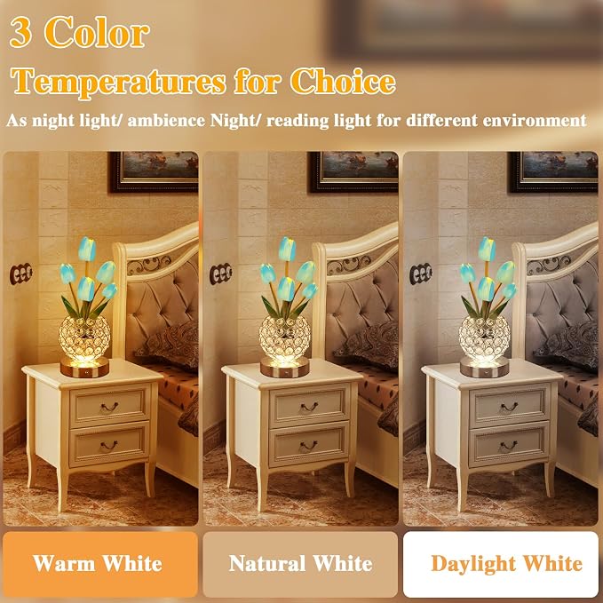 Birthday Gifts for Women Mothers Day Gifts/for Mom Tulip Table Lamp | 3 Color Crystal Flower Bedside Lamps Infinitely Dimming with USB Charge Small Night Light,Night stand Touch Lamp(Blue-tulip)