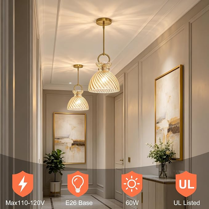 Gold Pendant Light Kitchen Island 9.84'' Striped Amber Glass Shade | Modern Pendant Lighting Over Sink, Adjustable Hanging Ceiling Light, E26 Dimmable Hardwired for Dining Room Hallway, 1-Pack