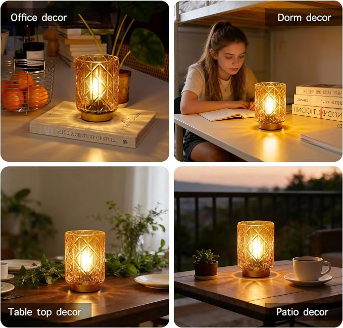 ULAROOM Battery Operated Table Lamp with Timer for Bookshelf/Bedside,Cordless Small Cozy Ambience Decorative Glass Lamps for Nightstand/Dorm/Office Cubicle/Desk/Counter Table Decor(Golden)