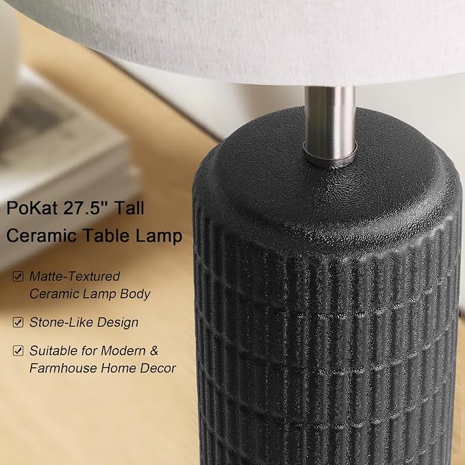 PoKat 27.5'' Tall Table Lamps Set of 2 for Living Room, Matte-Textured Farmhouse Ceramic Bedside Lamps for Bedroom, Modern Nightstand Lamps for Office Sideboard Hallway Home Decor, Matte Black