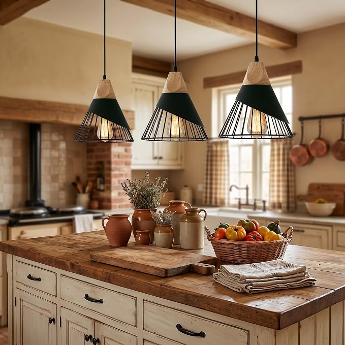 Pendant Lights Kitchen Black 2 Pack,Industrial Modern Lighting Hanging Lamps,Wood Dome Minimalist Industrial Ceiling Hanging Lights for Kitchen Island,Dining Room,Living Room,Bedroom,Hallway
