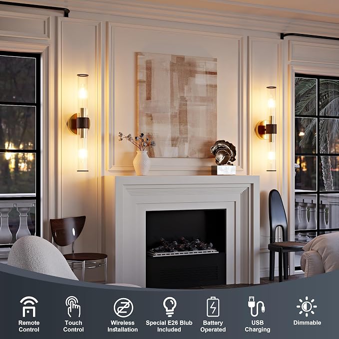Morauroral Gold Walnut Battery Operated Wall Sconces Set of 2, Rechargeable Wall Lights with Remote, 20 Inch Modern Wireless Wall Lamp for Bedroom, Living Room (Bulbs Included)