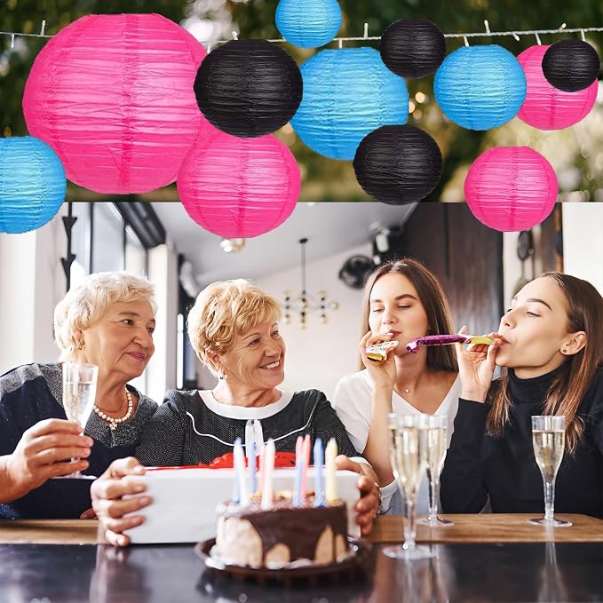 12Pcs Paper Lanterns 6”, 8”, 10”, 12”,Paperlanterns Party Decoration, Blue Black Hot Pink Paper Lanterns for Wedding, Bridal, Birthday, Outdoor, Home, Garden, Holiday and Party.