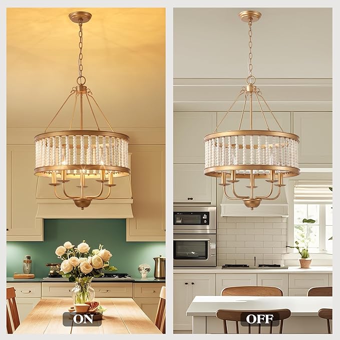 Farmhouse Chandeliers for Entryway Dining Room 5-Light Drum Pendant Chandelier Boho Wood Beaded Vintage Handmade Distressed Chandelier Retro Antique Gold Lighting Fixtures Hanging W19.7