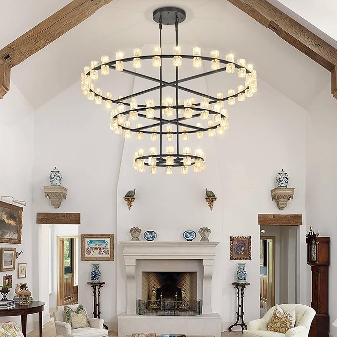 3 Tier Black Large Wagon Wheel Chandelier, 124-Lights Farmhouse Pendant Light Fixture, Rustic Round Chandelier for Foyer Entryway Living Room (Dia 59"+40"+24")