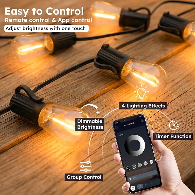 GvvooHome 50FT S11 LED Outdoor String Lights with App & Remote, Low-Voltage Patio Lights with Music Sync, 4 Lighting Modes, Dimmable, Waterproof LED Outdoor Lights for Porch, Deck, Garden, Backyard