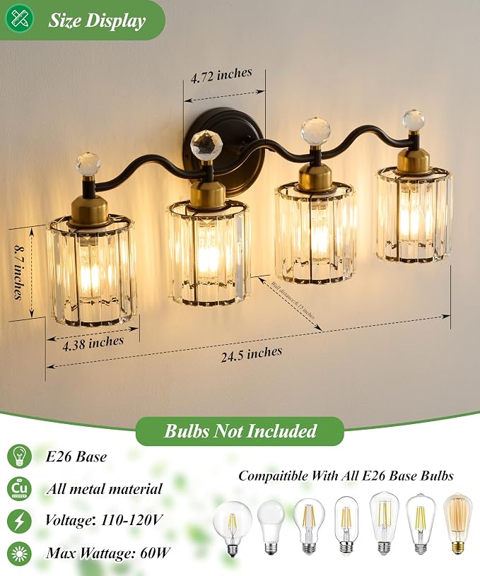 Black&Gold Bathroom Vanity Light Fixtures Over Mirror,4-Light Crystal Bathroom Light Fixtures,Vanity Light Fixtures Over Mirror,Wall Sconce with Clear Crystal Glass Shade, Kitchen, Living Room